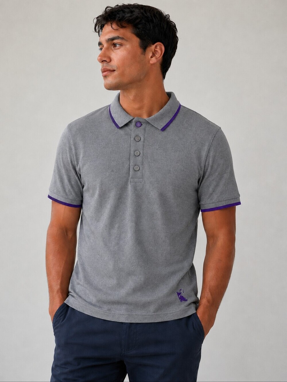 Men's Grey/Purple H&M Short sleeve Golf Shirt, Size Small